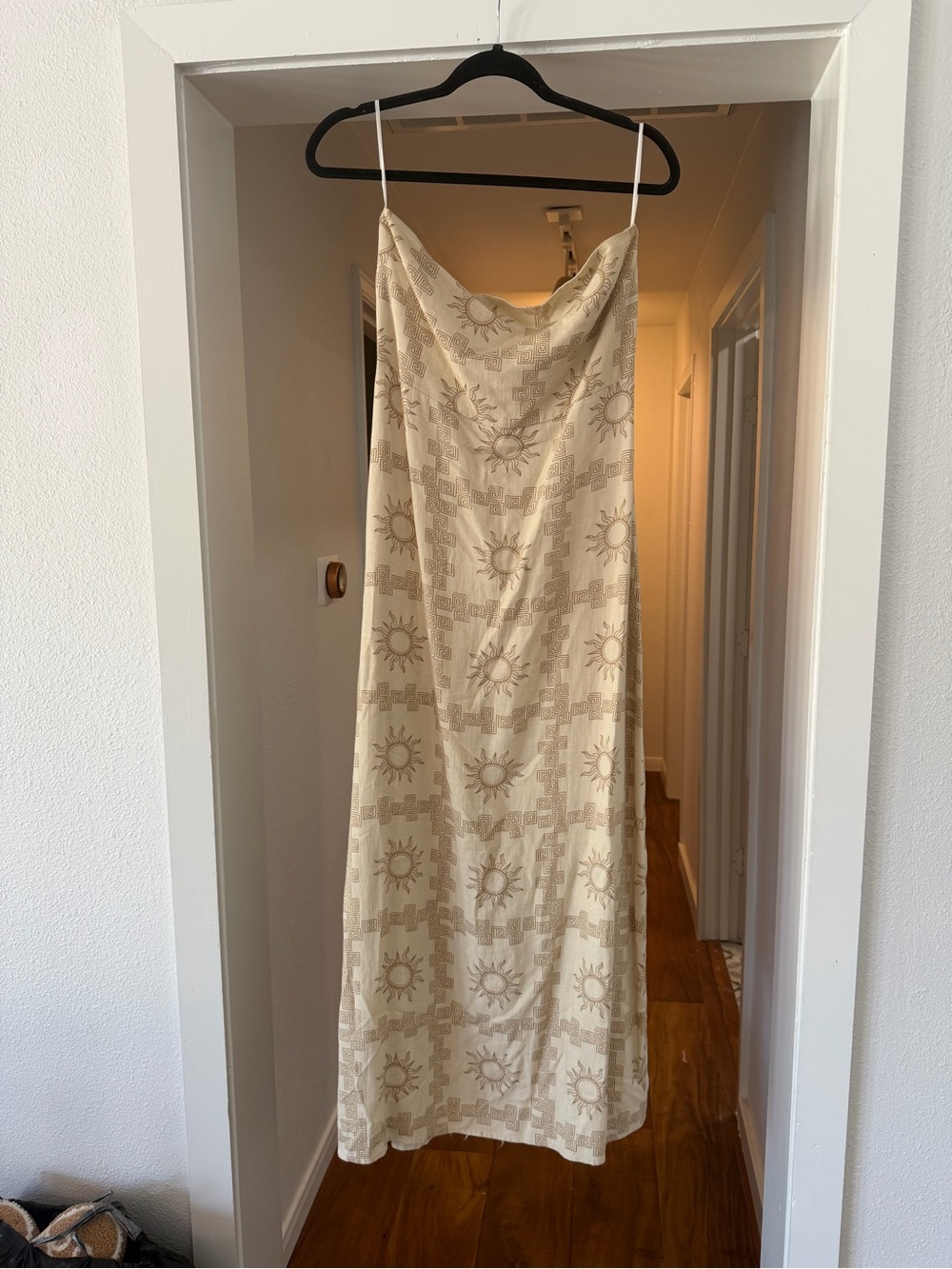 Cream Sun Motif Strapless Slip Dress with Cowl Neck